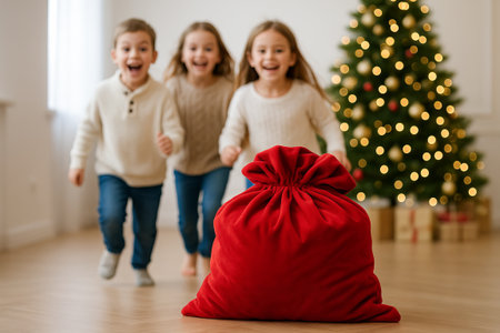 Children excitedly running towards santa's red bag in festive living room with decorated christmas tree in background. concept of holiday magic, christmas excitement, childhood joy.の写真素材