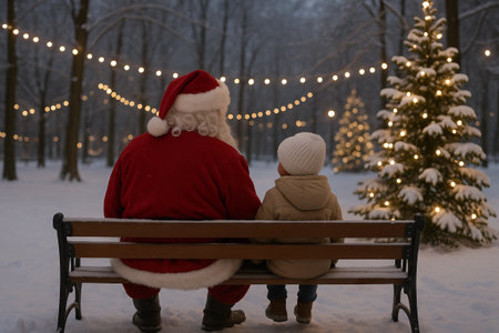 Santa clause and child on a bench in snowy forest with christmas lights during winter evening. concept of holiday magic, christmas tradition, festive outdoor scene.の写真素材