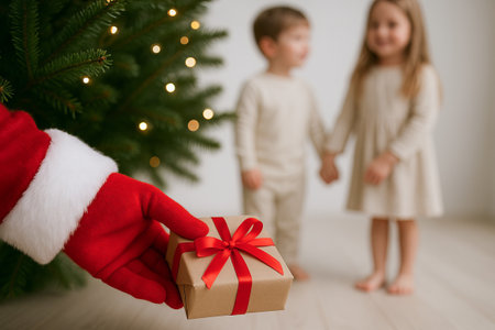 Santa's gloved hand holding gift with red ribbon near christmas tree and two caucasian children holding hands. concept of holiday magic, christmas gift, childhood wonder.の写真素材