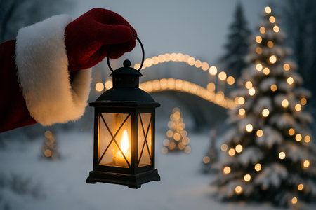Santa's hand holding lantern in winter wonderland with decorated trees and twinkling lights concept of festive illumination, christmas spirit, magical holiday atmosphere.の写真素材