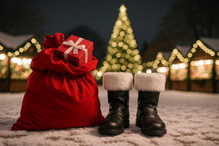 Winter scene with gift sack and boots in snowy festive village with christmas tree illumination. concept of holiday celebration, christmas decoration, seasonal joy.の写真素材
