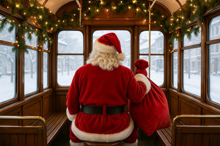 Santa claus riding a festive tram with a sack of gifts on a snowy winter day. concept of christmas travel, holiday spirit, seasonal journey.の写真素材