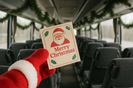 Santa christmas glove holding merry christmas card on festive decorated bus. concept of holiday travel, festive cheer, seasonal greeting.