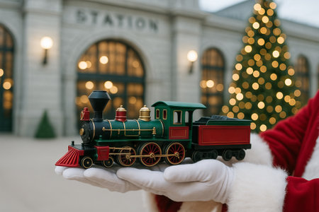 Santa claus holding model train in christmas setting with festive tree and historic station background. concept of holiday cheer, santa traditions, vintage toys.の写真素材