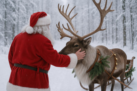 Santa claus gently petting a reindeer in a snowy forest winter landscape. concept of holiday tradition, seasonal magic, christmas companionship.の写真素材