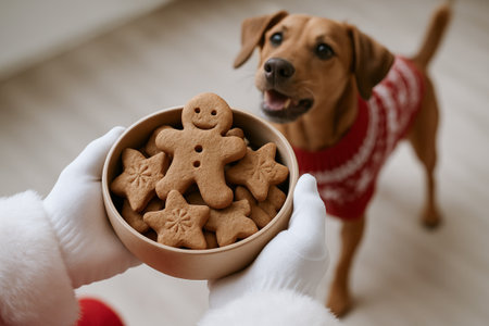 Santa claus holding bowl of gingerbread cookies with dog in festive sweater. concept of holiday...