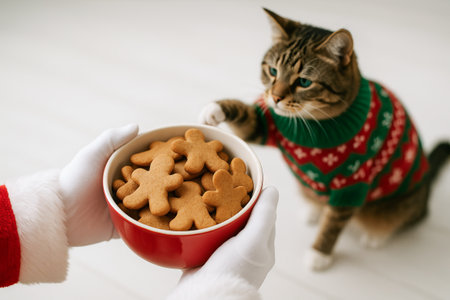 Santa claus holding bowl of christmas cookies for cat in festive sweater indoors. concept of holiday spirit, cute pet moment, christmas traditions.の写真素材