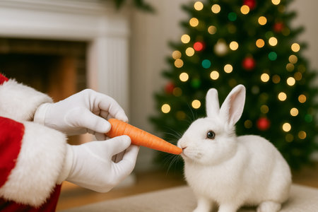 Santa claus feeding a rabbit a carrot near a decorated christmas tree indoors. concept of holiday...