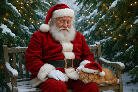 Santa claus sitting on a wooden bench with a sleeping cat in a hat surrounded by snowy pine trees and holiday lights. concept of christmas magic, winter serenity, festive companionship.の写真素材