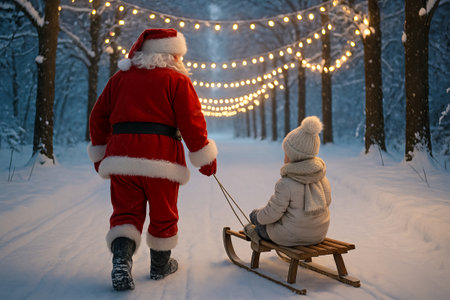 Santa claus pulling child on sled through snowy forest with festive lights in winter wonderland. concept of holiday magic, christmas tradition, joyful family time.の写真素材
