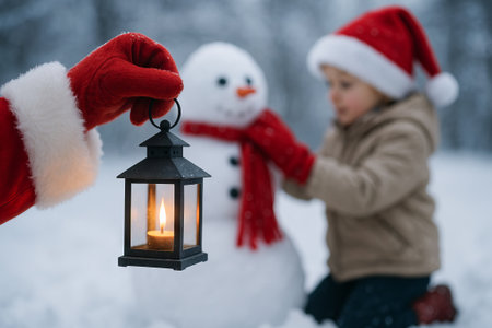 Cozy winter scene with snowman, lantern, and red mittens in snowy landscape, creating a warm holiday atmosphere for the festive season.の写真素材