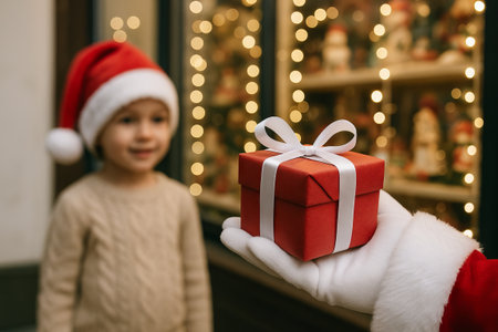 Santa claus giving red gift box with white ribbon during christmas celebration. concept of holiday gifting, santa gift exchange, christmas surprise.の写真素材