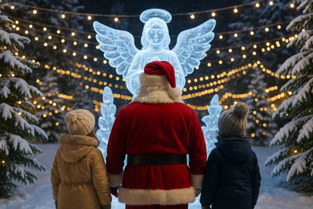 Santa claus and children admiring glowing ice angel sculpture in a snowy winter wonderland. concept of festive holiday magic, christmas decoration, winter night scene.の写真素材