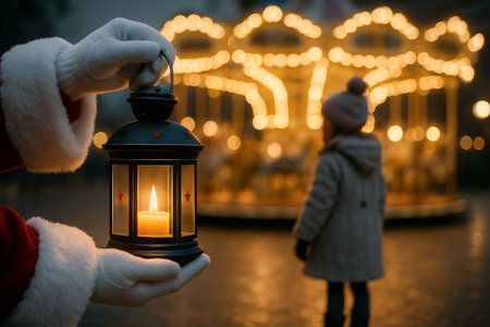 Santa holding lantern with christmas carousel lights in background illustration. concept of holiday magic, seasonal warmth, winter night.の写真素材