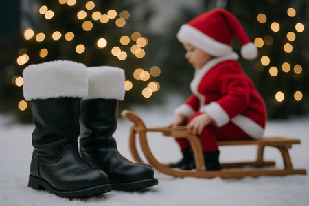 Santa boots near sleigh with child in santa costume on snowy background and twinkling lights. concept of christmas magic, festive atmosphere, winter holiday season.の写真素材