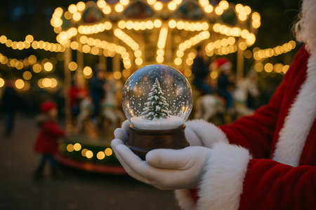 Santa claus holding a snow globe with christmas tree in winter wonderland scene. concept of holiday magic, festive decor, christmas tradition.の写真素材