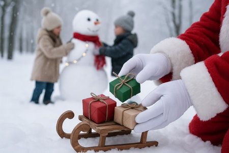 Santa claus in red suit with gifts and children building snowman in winter wonderland landscape....
