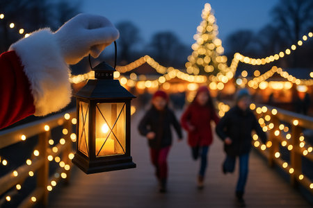Santa holding lantern on festive night with christmas tree and lights in background. concept of holiday magic, festive cheer, winter wonderland.の写真素材