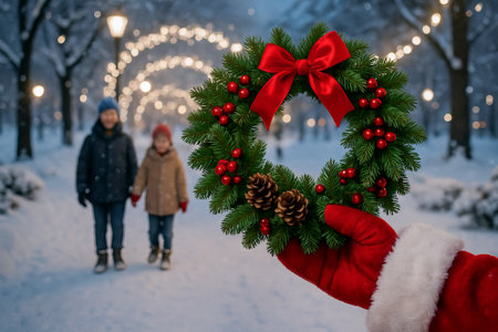 Santa's hand holding christmas wreath in winter wonderland with festive lights. concept of holiday spirit, festive decor, christmas celebration.の写真素材