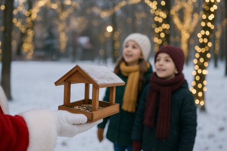 Santa holding a winter bird feeder surrounded by snowy forest with two children in warm winter clothes. concept of holiday cheer, christmas tradition, outdoor adventure.の写真素材