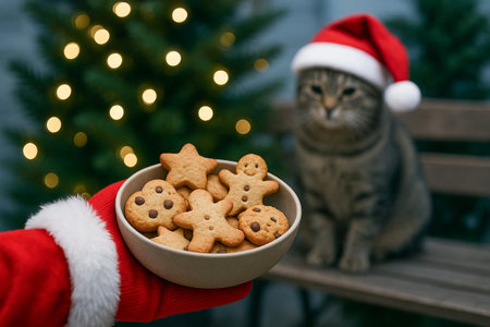 Santa's hand holding christmas cookies with cat in santa hat by christmas tree. concept of holiday...