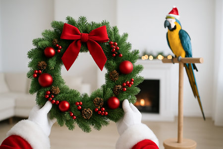 Santa claus holding festive christmas wreath with parrot near cozy fireplace at home. concept of holiday decoration, festive spirit, christmas celebration.の写真素材
