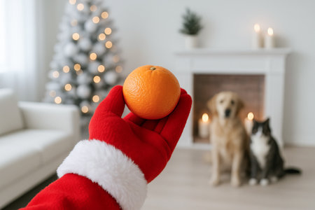 Santa's red mitten holding orange near cozy fireplace with christmas tree and pets. concept of holiday warmth, festive decor, cute domestic animals.の写真素材