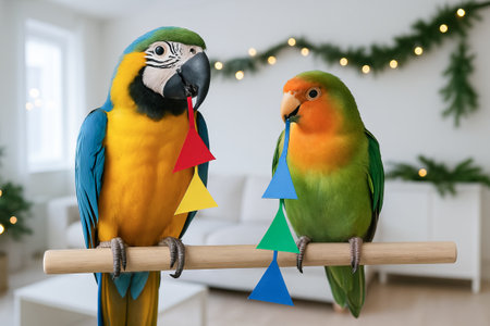 Colorful parrots in festive living room with holiday decorations for a cheerful celebration. concept of exotic birds, christmas decor, vibrant atmosphere.の写真素材
