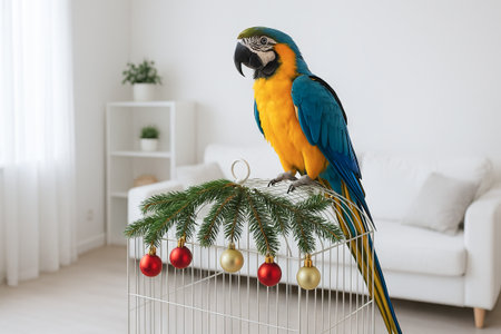 Colorful parrot perched on decorative cage with festive baubles in bright living room. concept of exotic bird, holiday decor, vibrant interior design.の写真素材