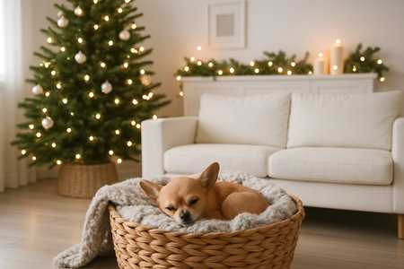 Cozy dog sleeping in a basket beside christmas tree with warm holiday decor in living room. concept of festive comfort, pet relaxation, winter celebration.の写真素材