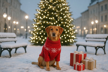 Dog in red sweater sitting by christmas tree with presents in snowy park. concept of festive season, holiday cheer, winter celebration.の写真素材