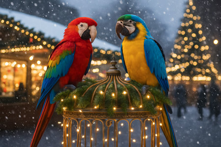 Colorful parrots perched on decorated cage at festive market in winter wonderland scene during holiday season celebration.の写真素材