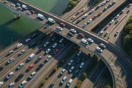 Aerial view of traffic in auckland with overpass and cars crossing above river, concept of urban...