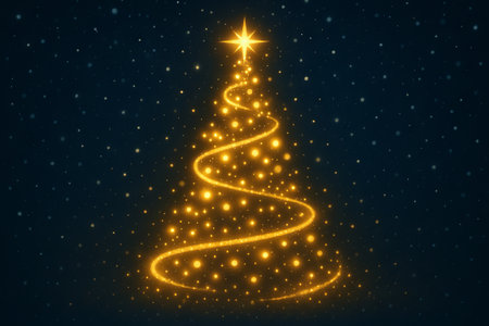 Golden lights christmas tree with shining star on dark background. concept of holiday celebration, festive decor, illuminated tree.の写真素材