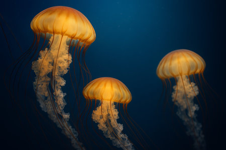 Mesmerizing jellyfish gliding gracefully in underwater display with glowing tentacles. concept of marine life, ocean creatures, underwater beauty.の写真素材