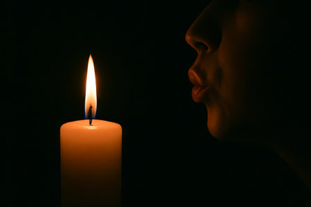 Silhouette of person blowing out candle flame in dark room. concept of silence, calm moment, solitude.の写真素材