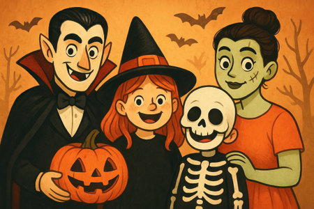Halloween family fun with vampire, witch, and skeleton in spooky forest scene. concept of halloween celebration, family costumes, festive holiday spirit in cartoon illustration.の写真素材