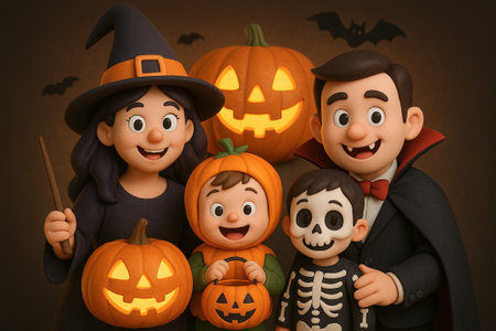 Happy family in halloween costumes with pumpkins and bats, celebrating spooky season together in festive spirit. concept of halloween fun, costumes, family bonding.の写真素材