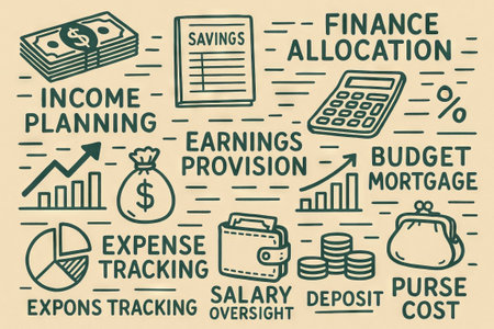Illustrated financial planning tools including savings, budget allocation, and expense tracking concepts with graphs, calculator, and wallet for effective money management.の写真素材