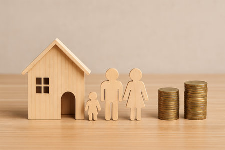 Wooden family figures next to house model and stacks of coins on wooden surface. concept of family real estate savings, financial planning, home investment.の写真素材