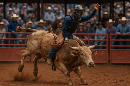 Rodeo bull riding competition capturing thrilling action and skillful performance in traditional arena setting. concept of adventure, cowboy culture, competitive sport.の写真素材