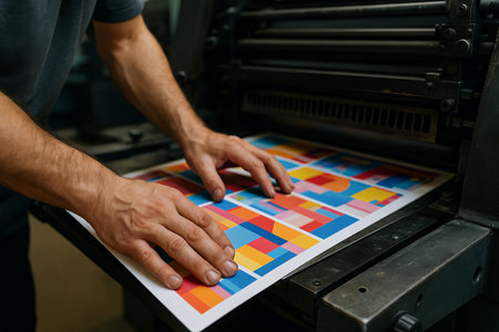Hands operating print shop machine with colorful geometric patterns on paper. concept of printing process, industrial technology, creative design.の写真素材
