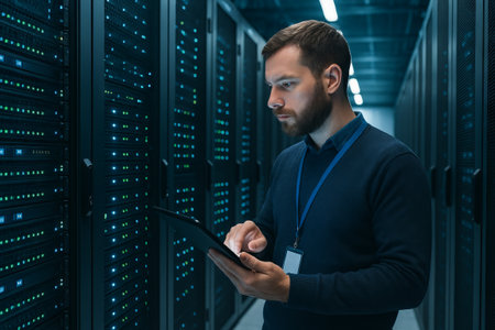 Focus on professional it technician conducting data center analysis with tablet for optimizing...