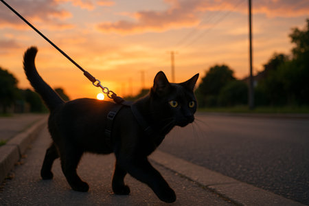 Black cat strolling on leash at sunset on urban street. concept of evening walk, feline exploration, peaceful twilight adventure.の写真素材