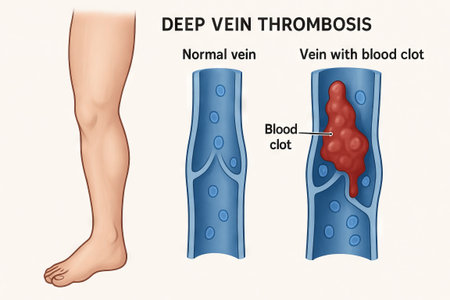 Understanding deep vein thrombosis: illustration of normal vein and vein with blood clot. concept of health, medical education, venous condition, circulation.の写真素材