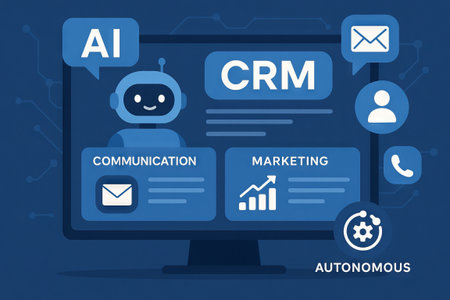 Ai driven crm innovation featuring autonomous communication and marketing enhancements with robot illustration. concept of artificial intelligence, customer relations, digital strategy.の写真素材