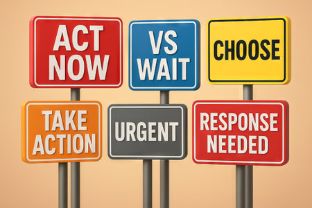 Motivational signs displaying act now and choose messages encouraging quick decision making and...