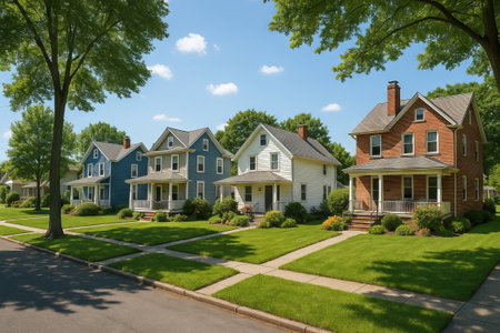 Charming sunny suburban neighborhood with classic houses, lush green lawns and trees on a bright summer day. concept of peaceful living, residential area, comfortable lifestyle.の写真素材