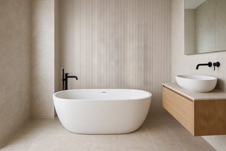 Modern bathroom elegance with minimalist design featuring a freestanding oval bathtub and contemporary vanity concept of luxury, simplicity, relaxation.の写真素材