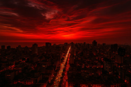 Majestic sunset skyline with vibrant red and orange hues, capturing urban cityscape and dramatic sky. Urban tranquility, evening serenity, scenic skyscape.の写真素材